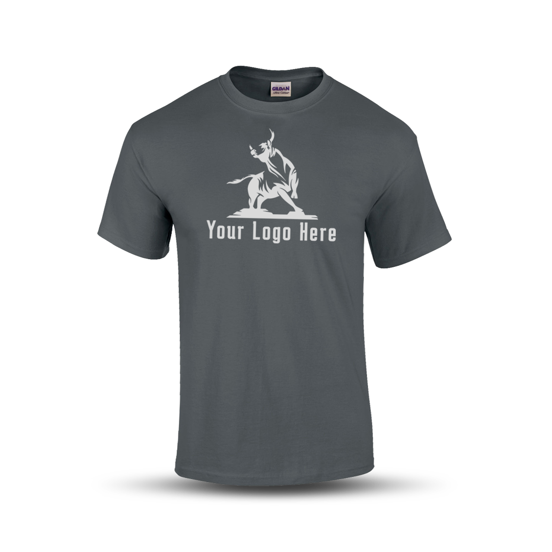 Charcoal short-sleeve t-shirt with a bold martial arts figure logo and customizable "Your Logo Here" text on the front.
