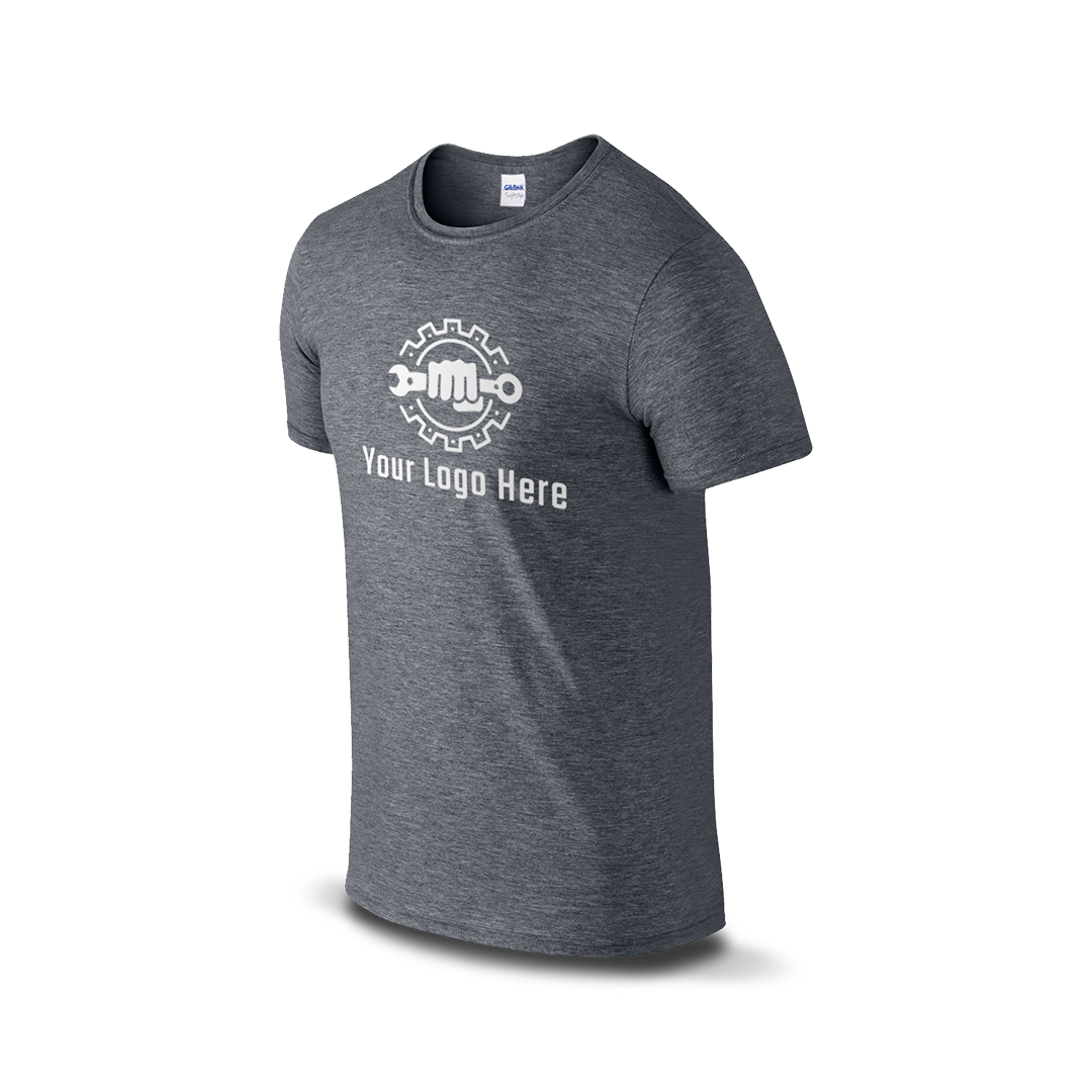 Dark heather short-sleeve t-shirt with a bold martial arts figure logo and customizable "Your Logo Here" text on the front.