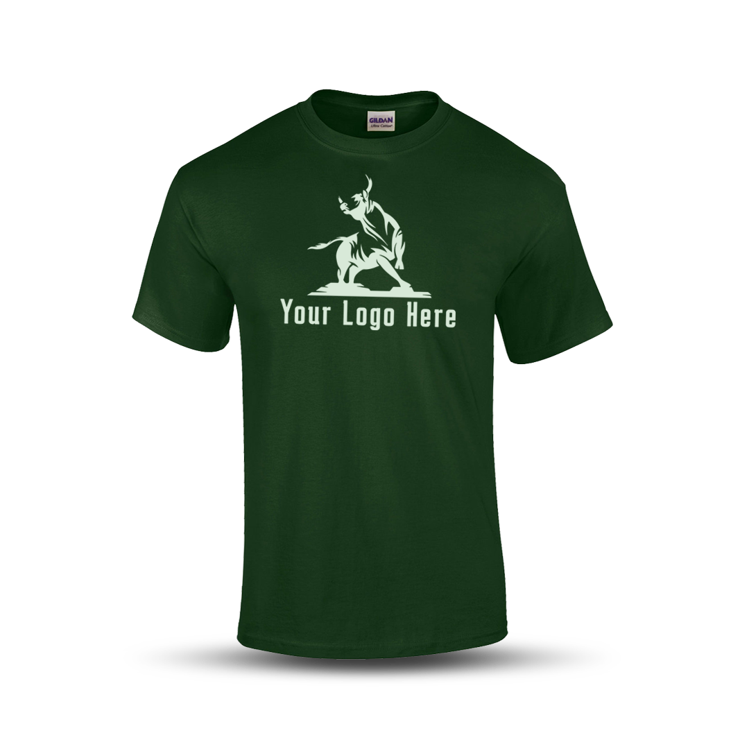 Forest green short-sleeve t-shirt with a bold martial arts figure logo and customizable "Your Logo Here" text on the front.