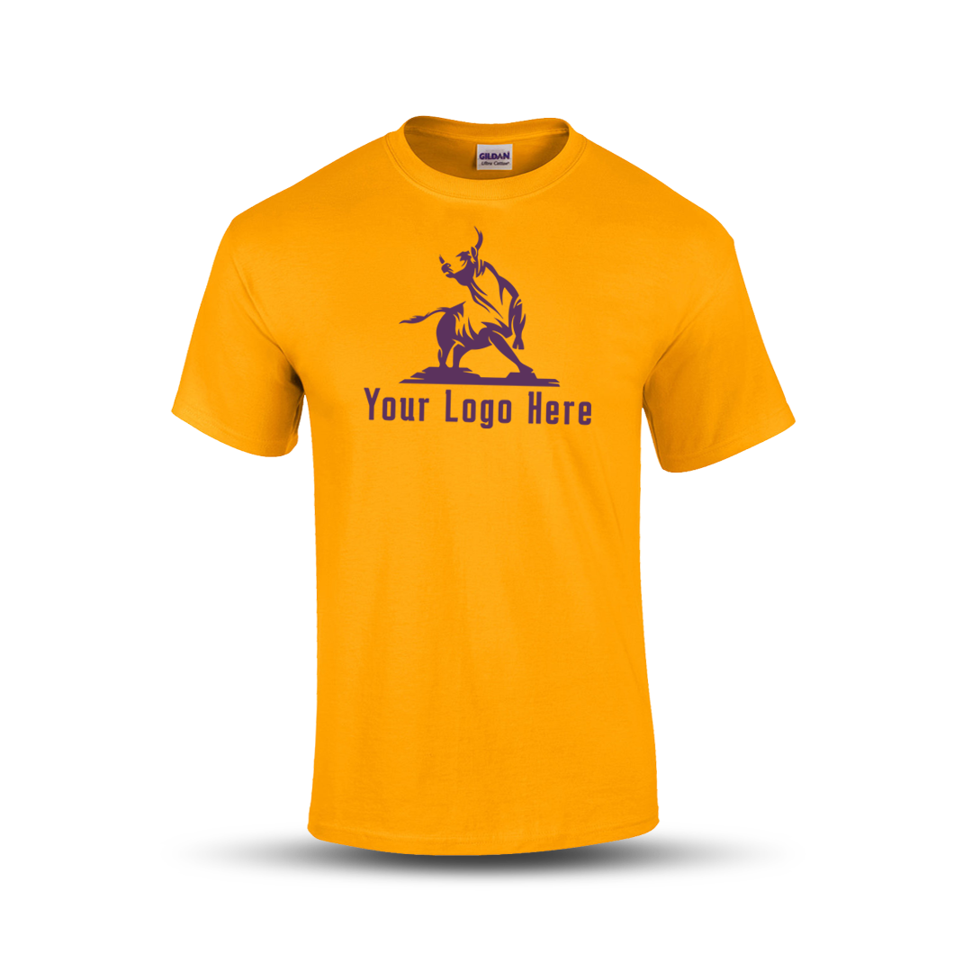 Gold short-sleeve t-shirt with a bold martial arts figure logo and customizable "Your Logo Here" text on the front.
