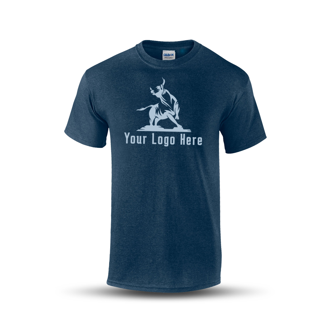 Heather navy short-sleeve t-shirt with a bold martial arts figure logo and customizable "Your Logo Here" text on the front.
