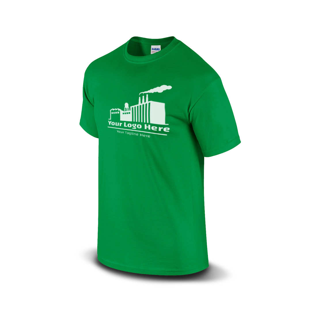 Irish green short-sleeve t-shirt with a bold martial arts figure logo and customizable "Your Logo Here" text on the front.