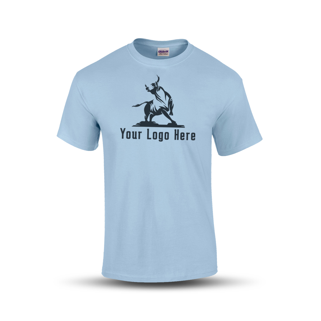 Light blue short-sleeve t-shirt with a bold martial arts figure logo and customizable "Your Logo Here" text on the front.