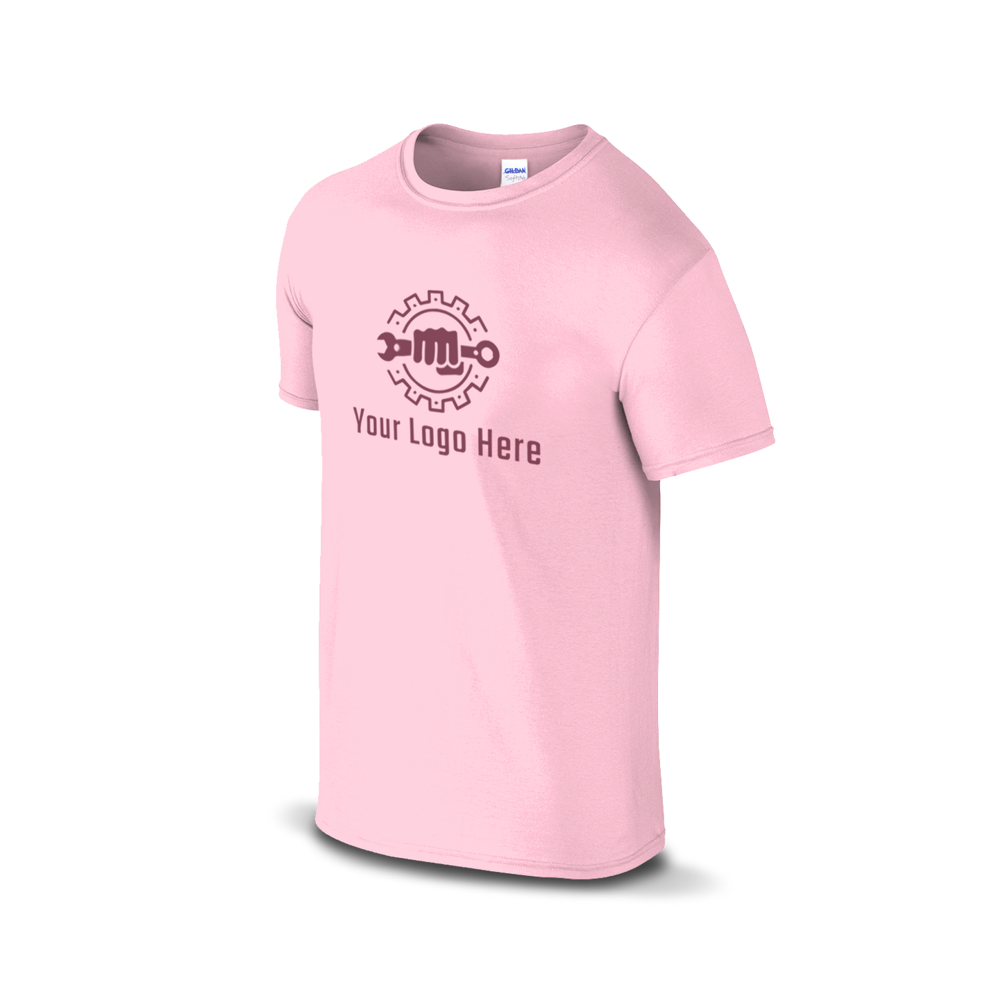 Light pink short-sleeve t-shirt with a bold martial arts figure logo and customizable "Your Logo Here" text on the front.