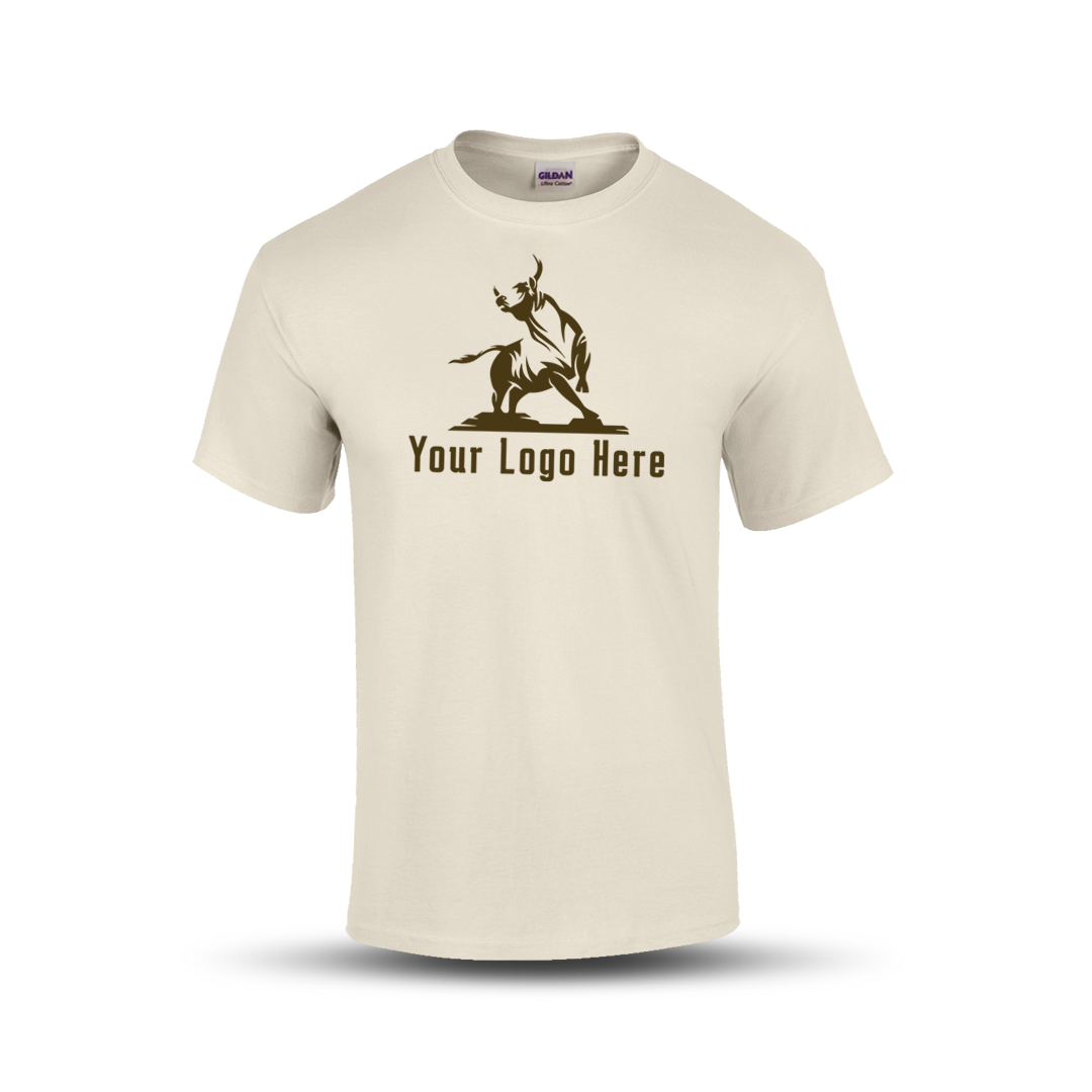 Beige short-sleeve t-shirt with a bold martial arts figure logo and customizable "Your Logo Here" text on the front.