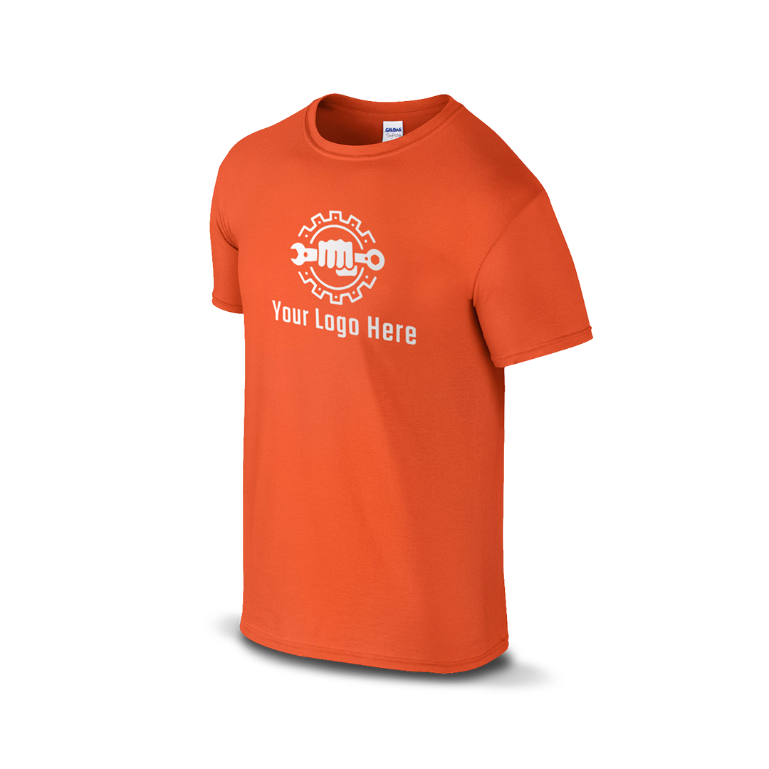 Orange short-sleeve t-shirt with a bold martial arts figure logo and customizable "Your Logo Here" text on the front.