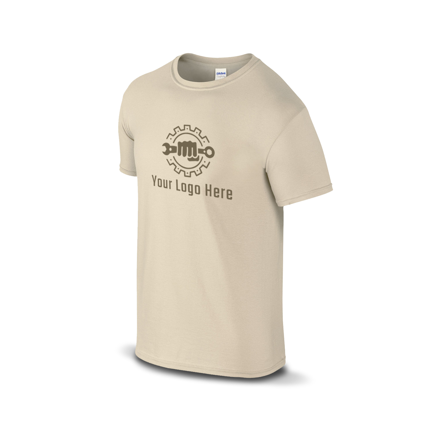 Sand short-sleeve t-shirt with a bold martial arts figure logo and customizable "Your Logo Here" text on the front.