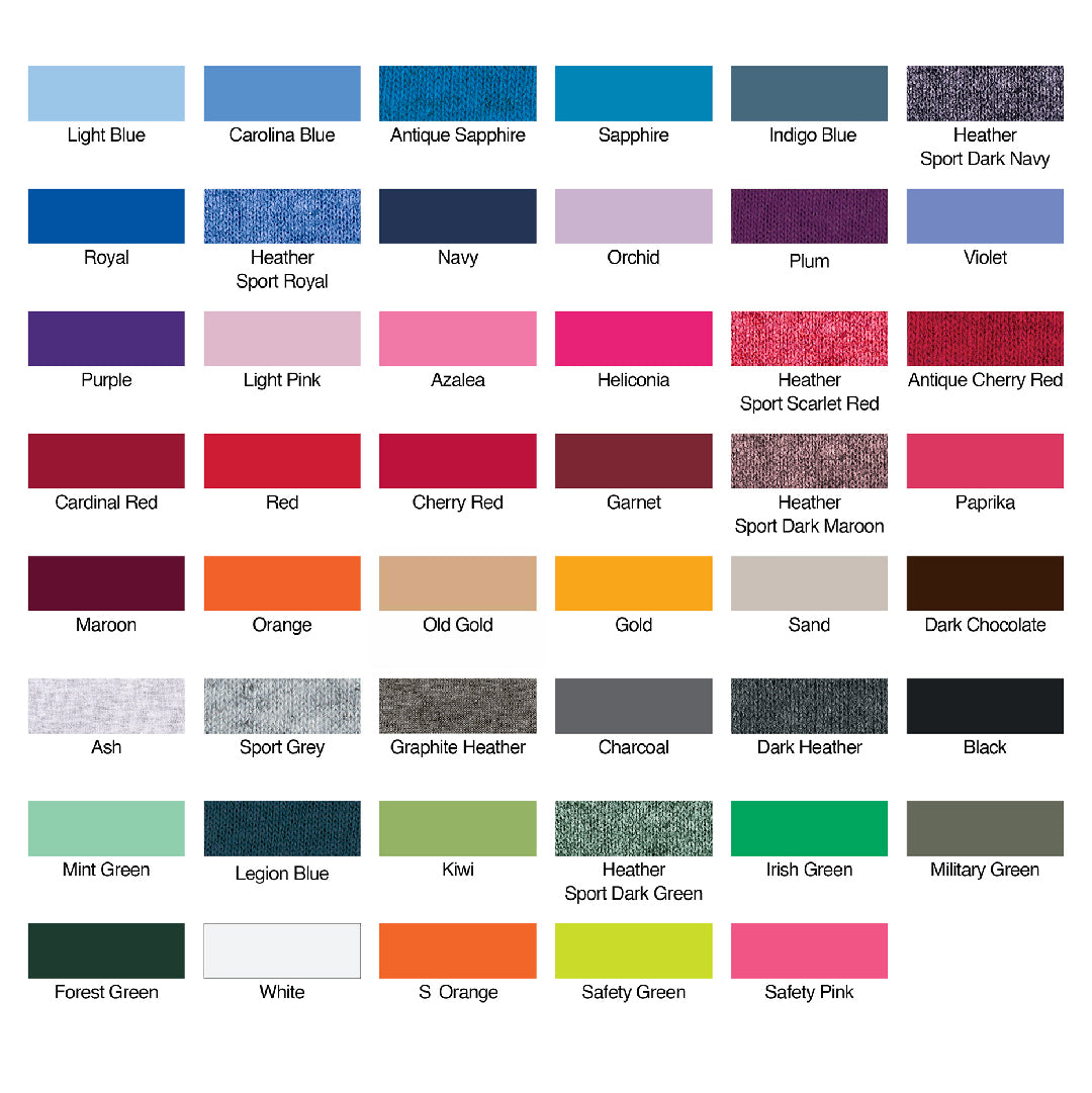 Color chart showing available Gildan hoodie shades including Light Blue, Red, Black, Royal, Safety Green, and more.