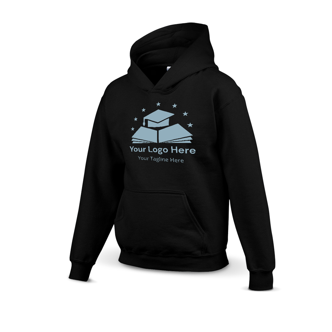 Black hoodie with a custom logo design featuring a graduation cap on books and stars above, including placeholder text for logo and tagline.