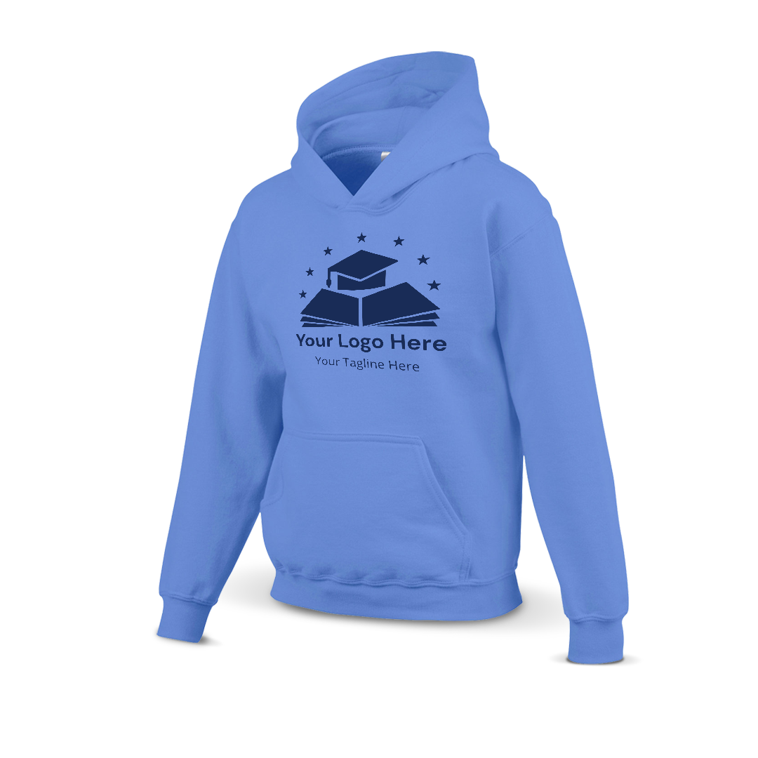 Caroline blue hoodie with a custom logo design featuring a graduation cap on books and stars above, including placeholder text for logo and tagline.