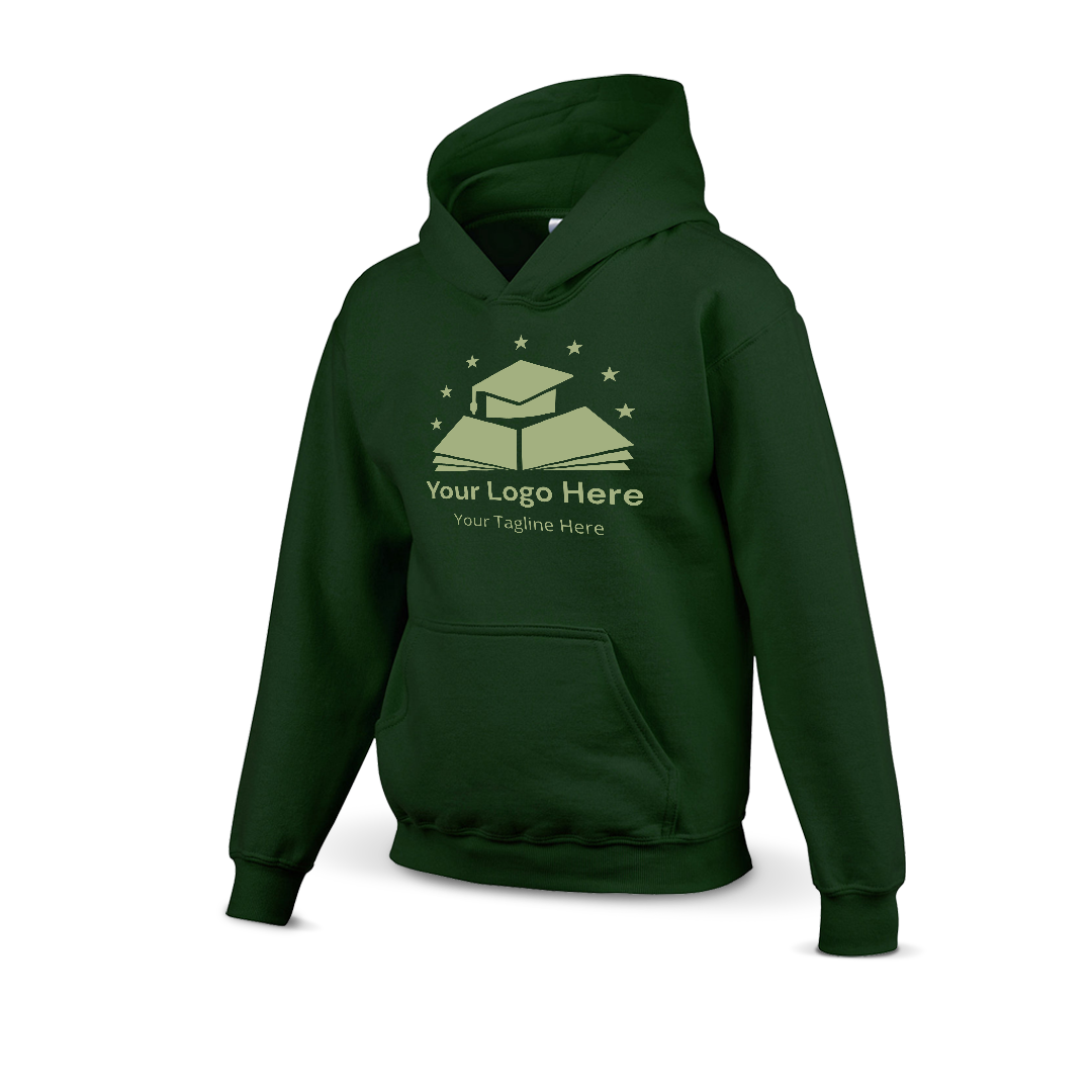 Forest green hoodie with a custom logo design featuring a graduation cap on books and stars above, including placeholder text for logo and tagline.