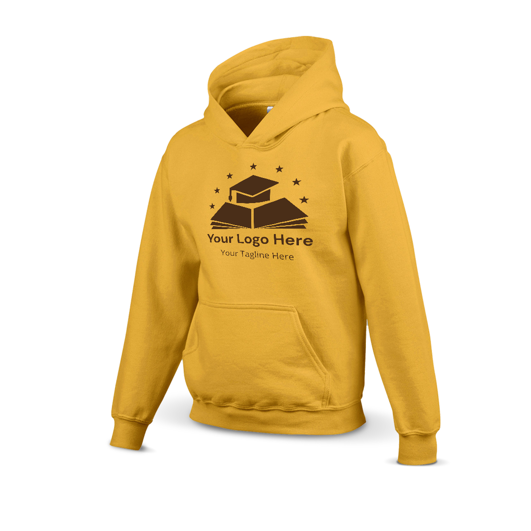 Gold hoodie with a custom logo design featuring a graduation cap on books and stars above, including placeholder text for logo and tagline.