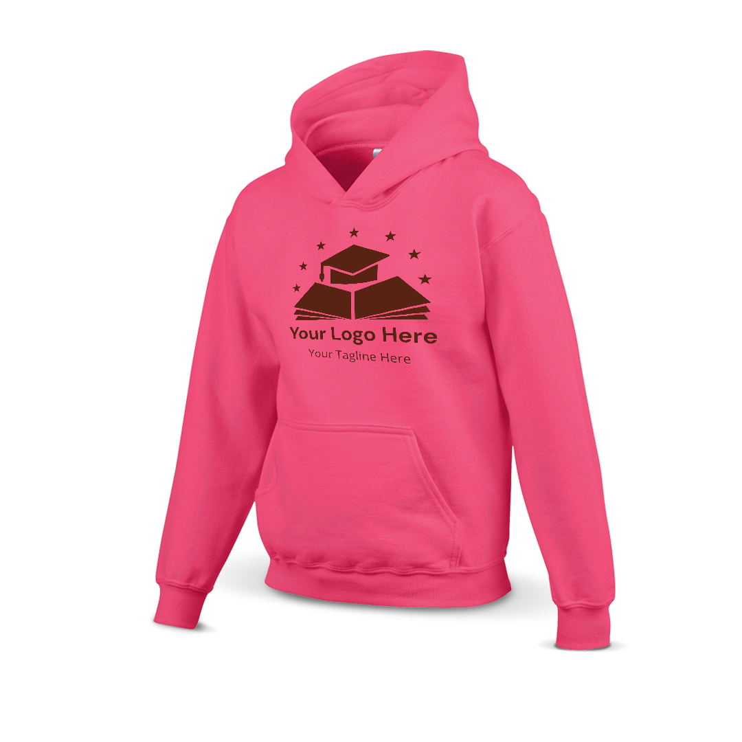Heliconia hoodie with a custom logo design featuring a graduation cap on books and stars above, including placeholder text for logo and tagline.