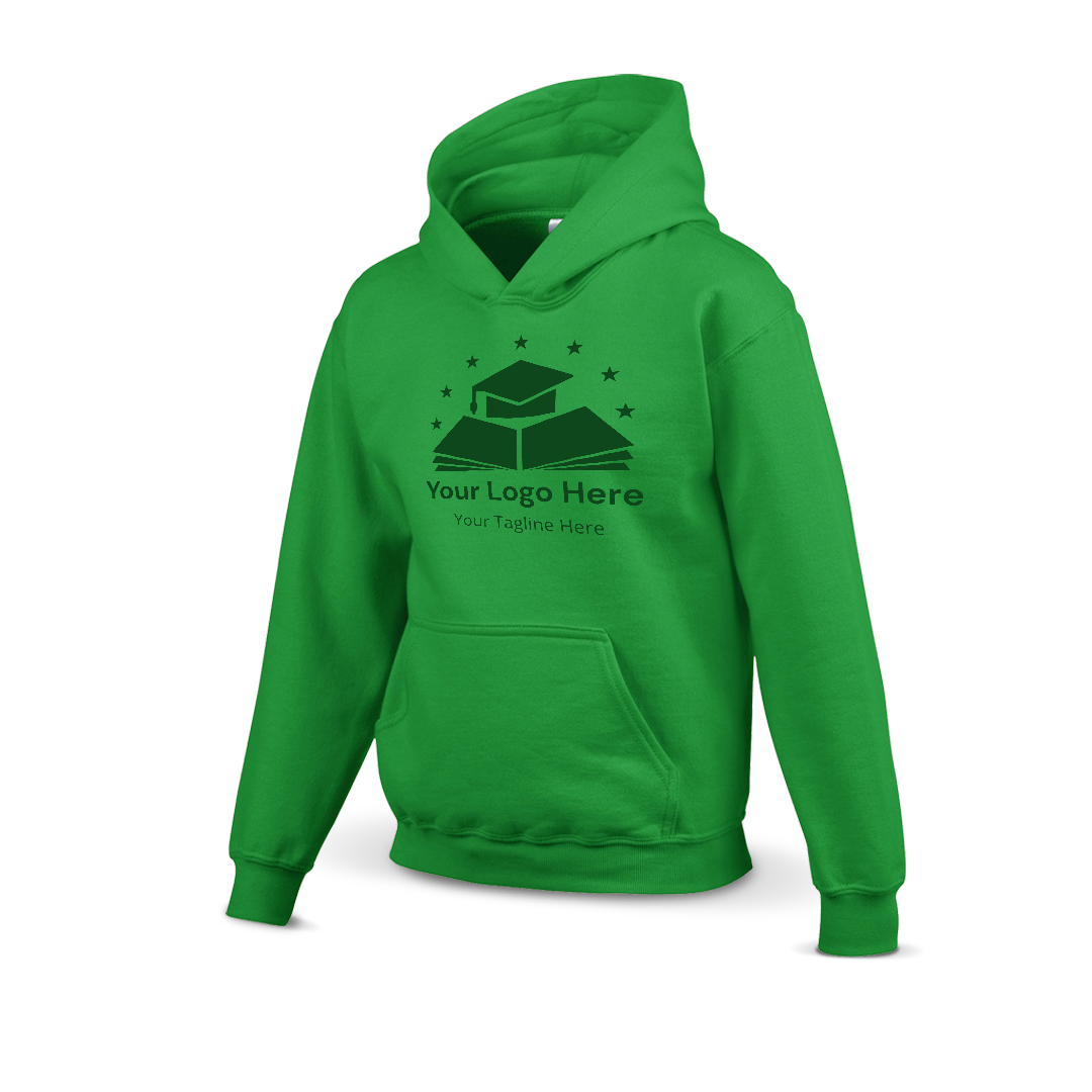 Irish green hoodie with a custom logo design featuring a graduation cap on books and stars above, including placeholder text for logo and tagline.