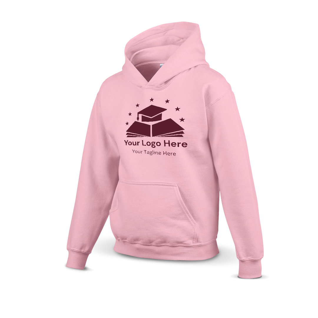 Light pink hoodie with a custom logo design featuring a graduation cap on books and stars above, including placeholder text for logo and tagline.