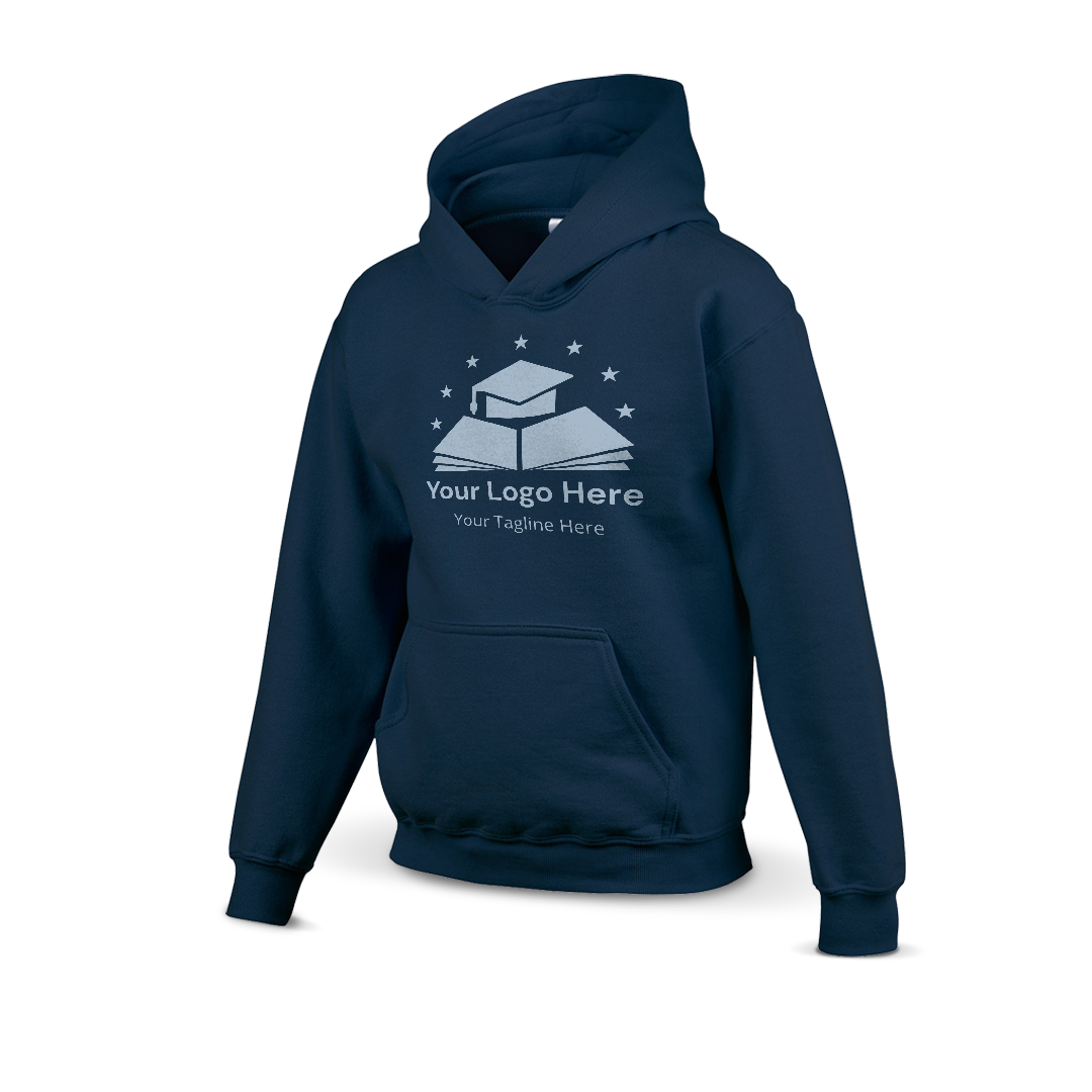 Navy hoodie with a custom logo design featuring a graduation cap on books and stars above, including placeholder text for logo and tagline.