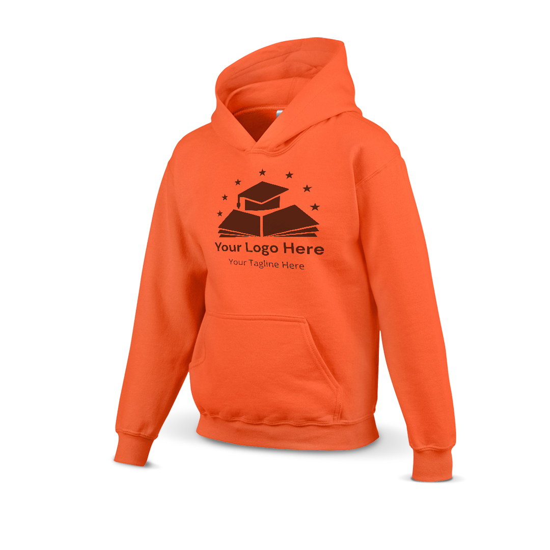Orange hoodie with a custom logo design featuring a graduation cap on books and stars above, including placeholder text for logo and tagline.