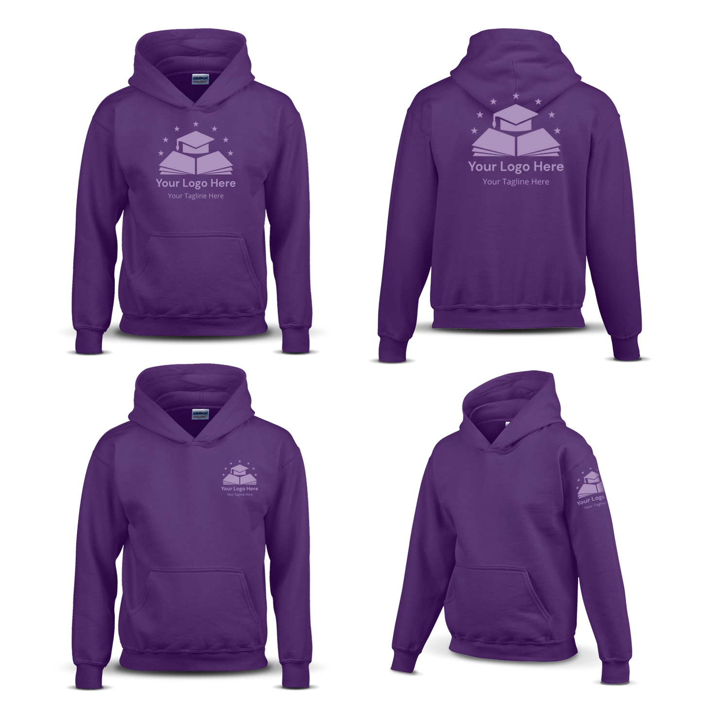 Purple hoodie shown from four angles with a graduation cap and book logo, plus placeholder text for custom branding on the chest, back, and sleeve.