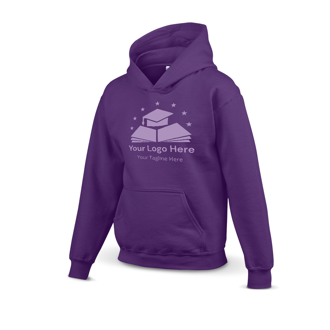 Purple hoodie with a custom logo design featuring a graduation cap on books and stars above, including placeholder text for logo and tagline.