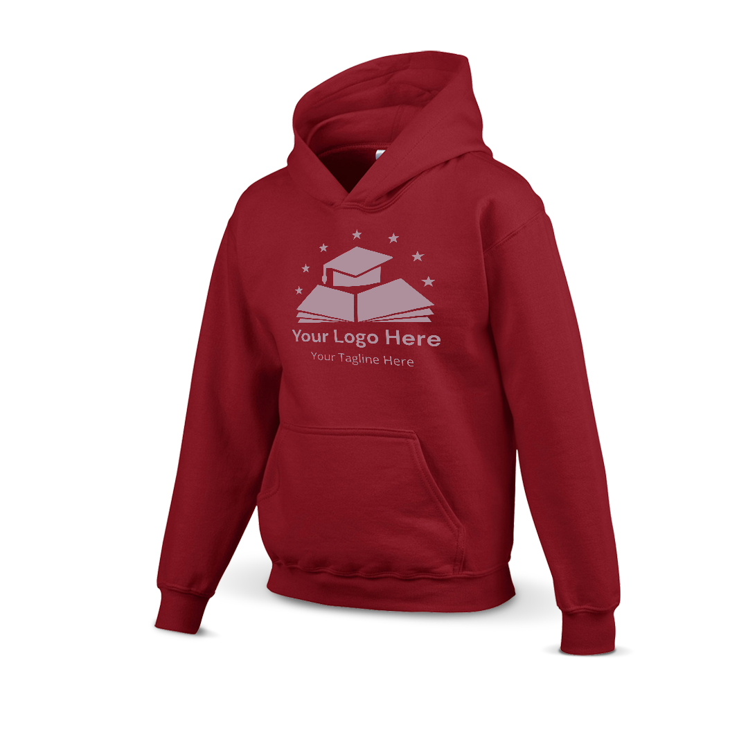 Cardinal red hoodie with a custom logo design featuring a graduation cap on books and stars above, including placeholder text for logo and tagline.