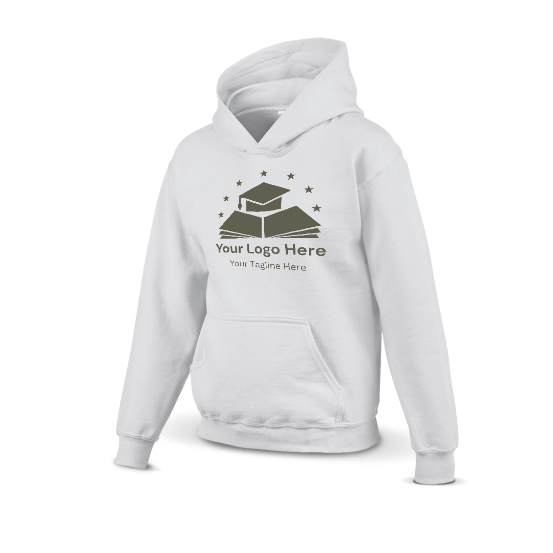 White hoodie with a custom logo design featuring a graduation cap on books and stars above, including placeholder text for logo and tagline.