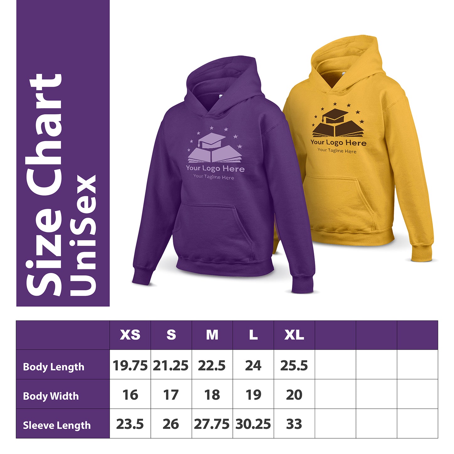 Unisex hoodie size chart with purple and yellow hoodies featuring a book and graduation cap logo. Sizes range from XS to XL with detailed body and sleeve measurements.
