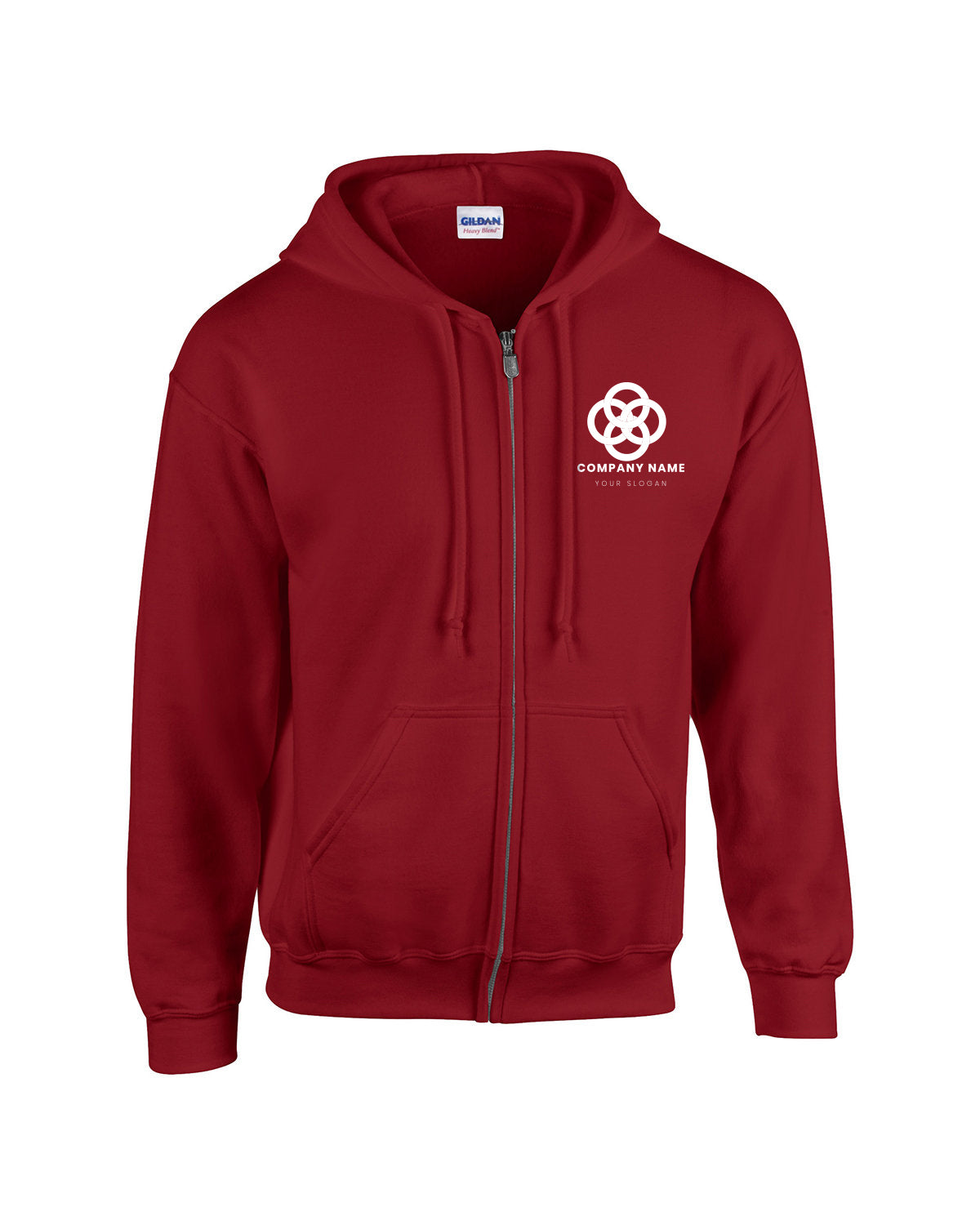 Cardinal red Gildan full-zip hooded sweatshirt featuring front pockets and a white customized company logo on the left chest