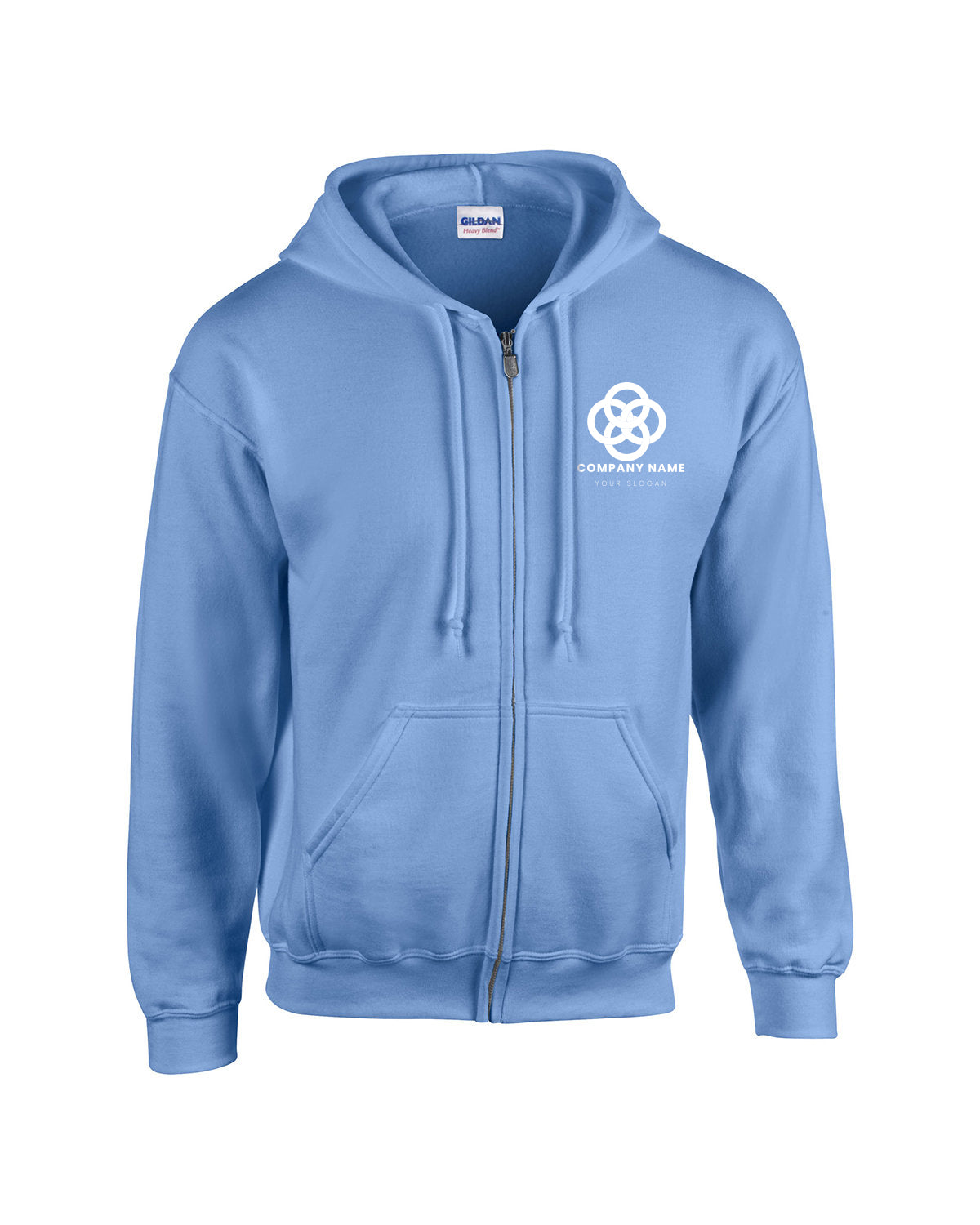Carolina blue Gildan full-zip hooded sweatshirt featuring front pockets and a white customized company logo on the left chest