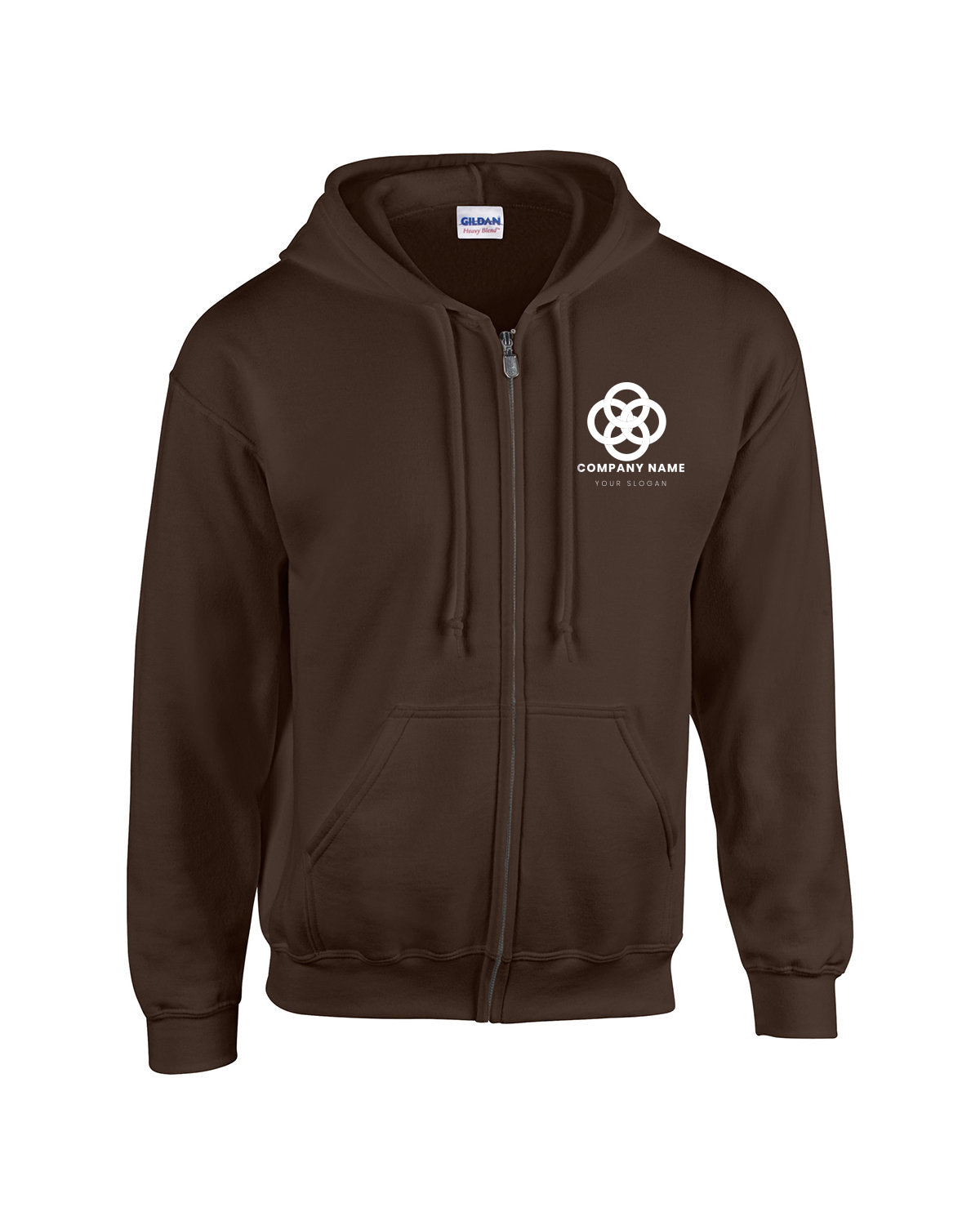 Dark chocolate Gildan full-zip hooded sweatshirt featuring front pockets and a white customized company logo on the left chest