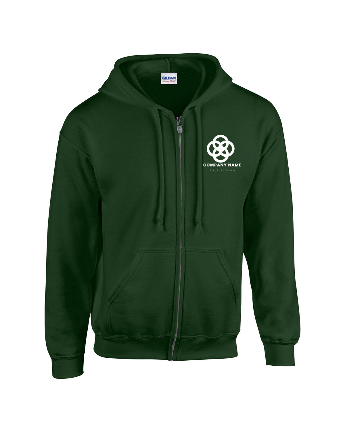 Forest green Gildan full-zip hooded sweatshirt featuring front pockets and a white customized company logo on the left chest