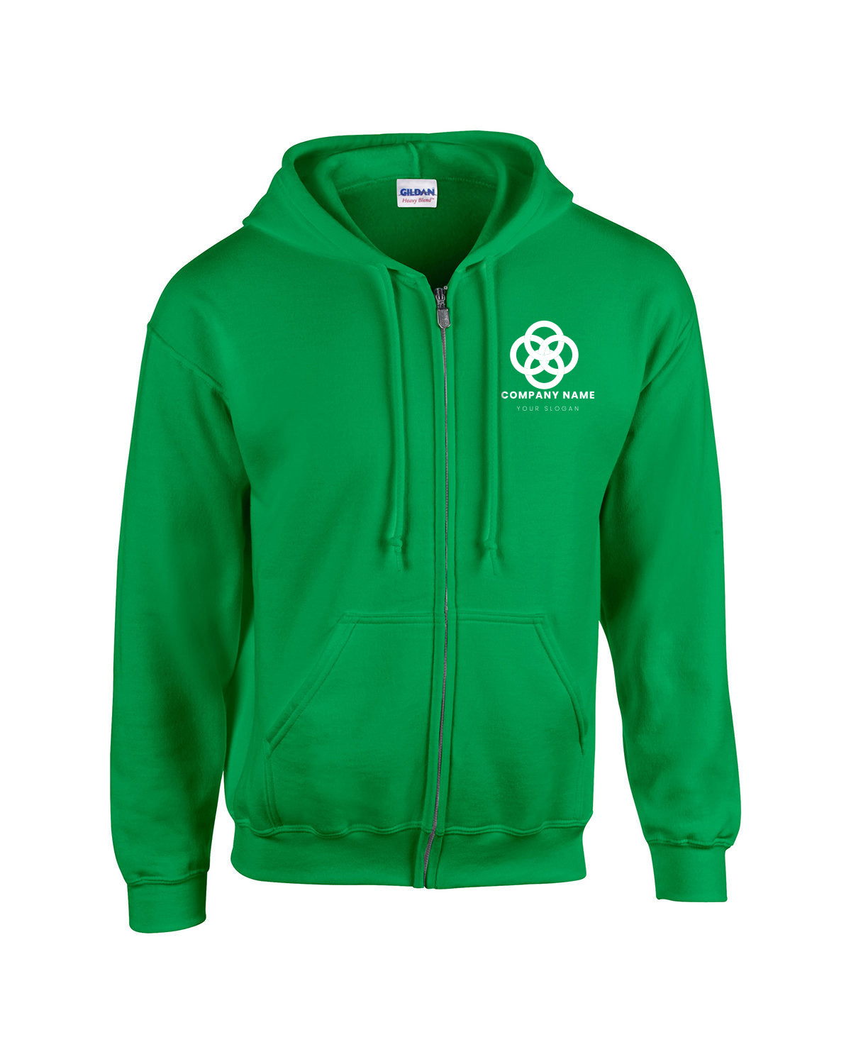 Green Gildan full-zip hooded sweatshirt featuring front pockets and a white customized company logo on the left chest