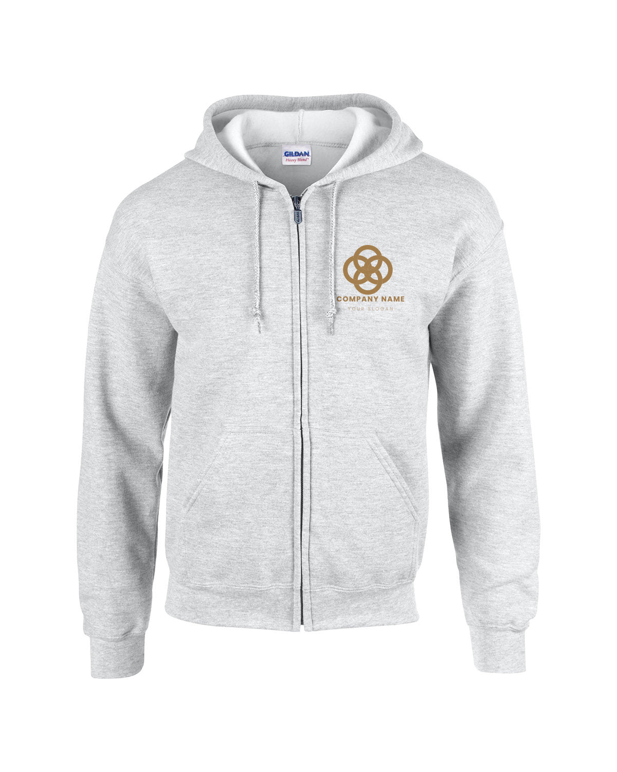 Gray Gildan full-zip hooded sweatshirt with front pockets and a white customized company logo on the left chest