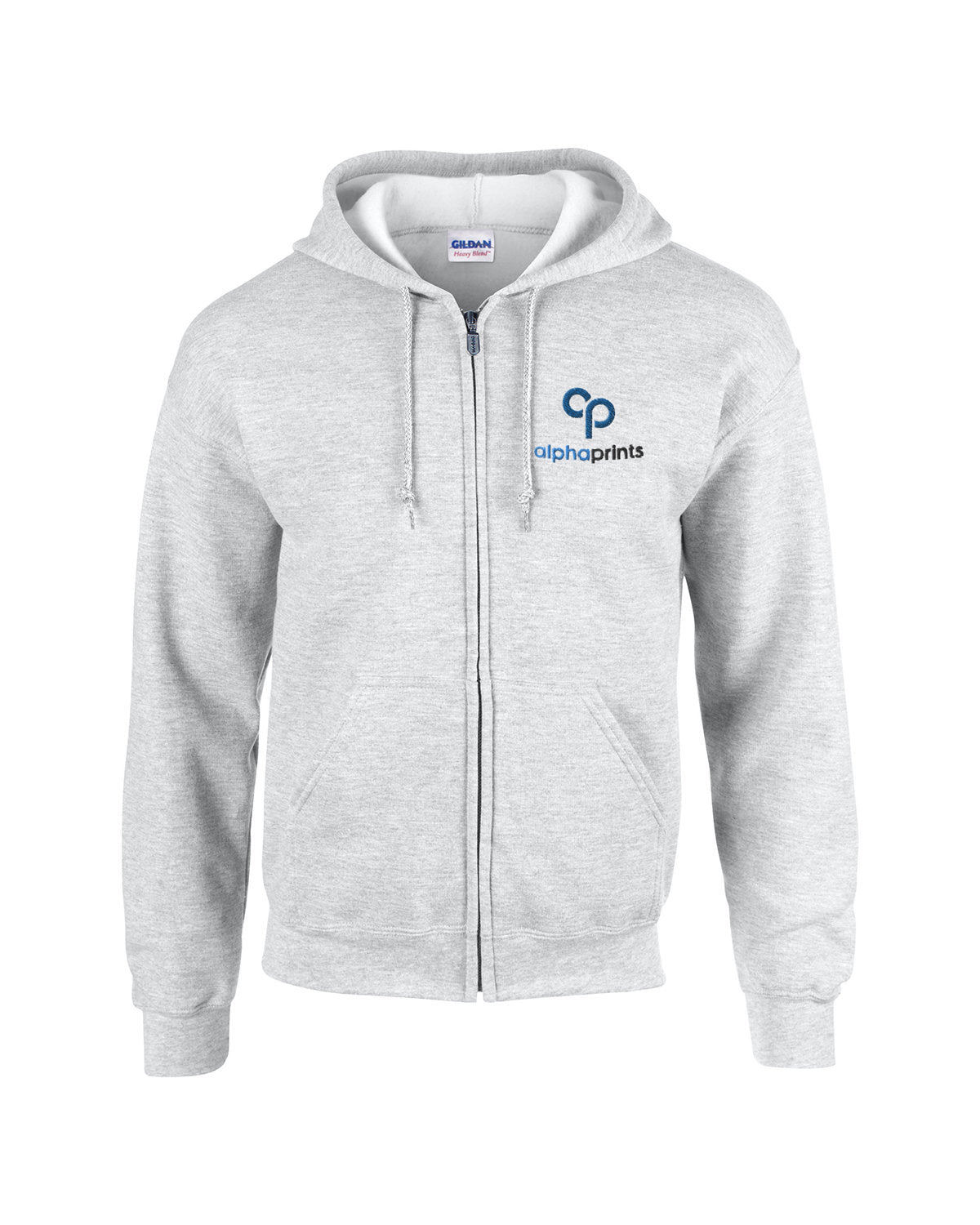 Gildan G186 Adult Heavy Blend full-zip hooded sweatshirt in Ash with custom logo on left chest