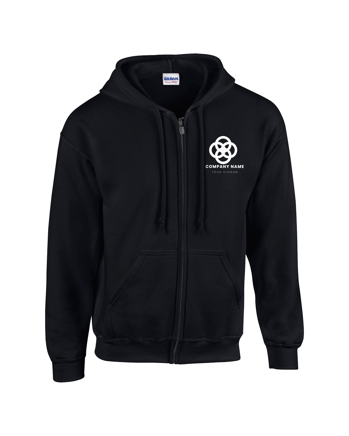 Black Gildan full-zip hooded sweatshirt featuring front pockets and a white customized company logo on the left chest