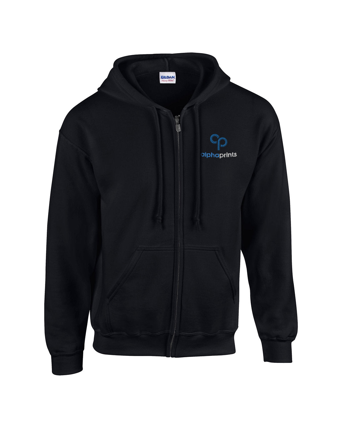 Gildan G186 Adult Heavy Blend full-zip hooded sweatshirt in black with custom logo on left chest