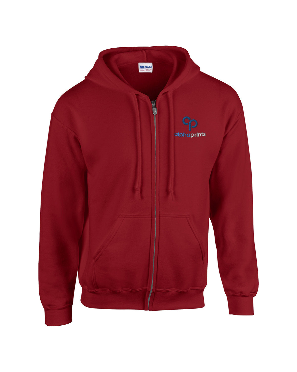 Gildan G186 Adult Heavy Blend full-zip hooded sweatshirt in Cardinal Red with custom logo on left chest