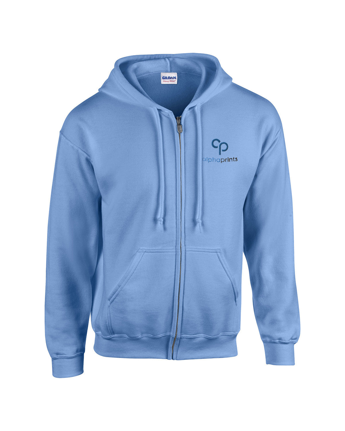 Gildan G186 Adult Heavy Blend full-zip hooded sweatshirt in Carolina Blue with custom logo on left chest