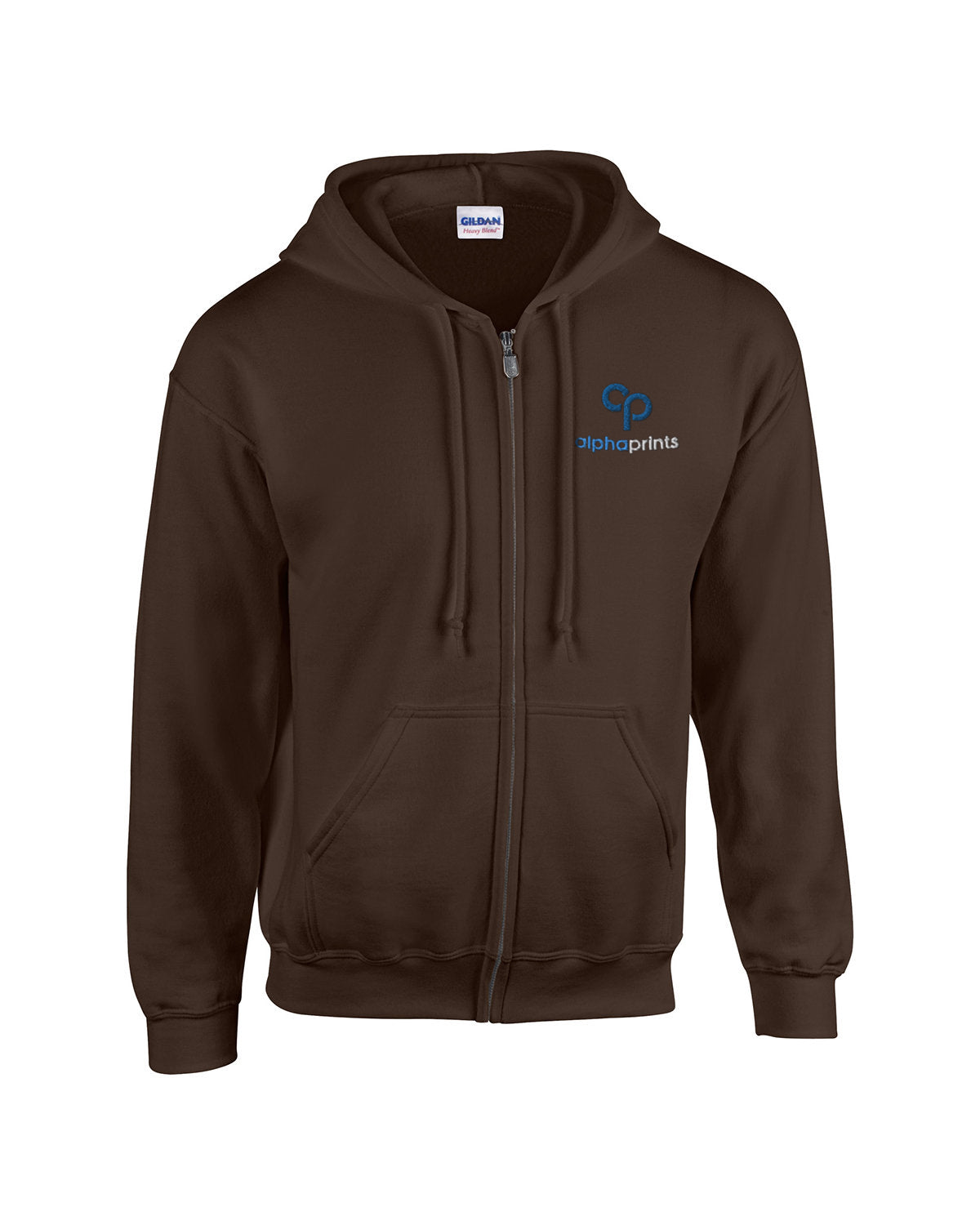 Gildan G186 Adult Heavy Blend full-zip hooded sweatshirt in Dark Chocolate with custom logo on left chest