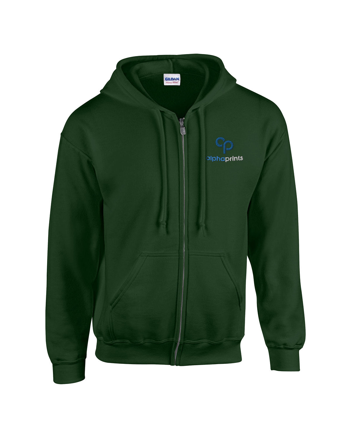 Gildan G186 Adult Heavy Blend full-zip hooded sweatshirt in Forest Green with custom logo on left chest