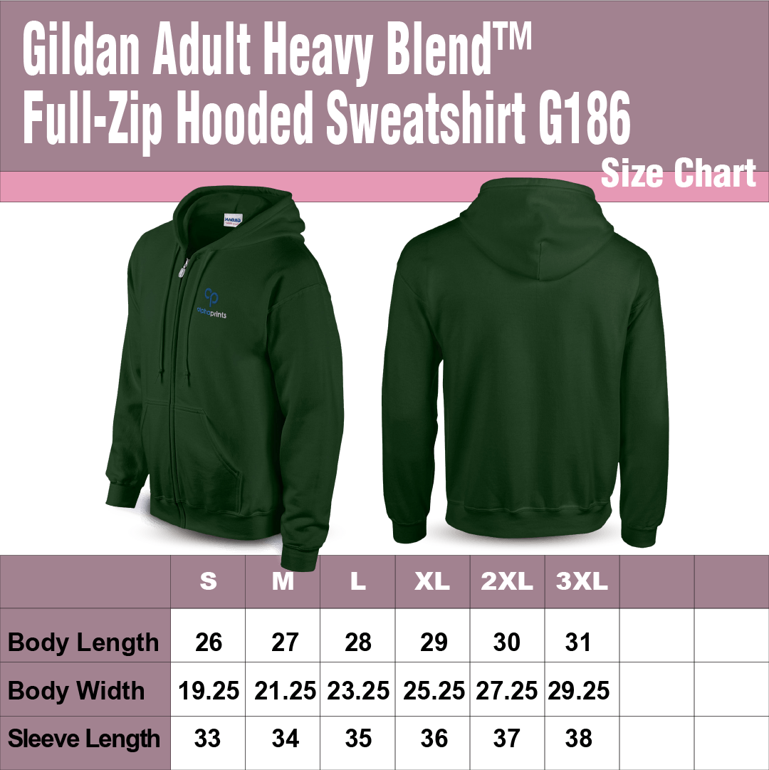 Gildan G186 Adult Heavy Blend full-zip hooded sweatshirt in forest green with custom left chest logo, displayed with front and back views