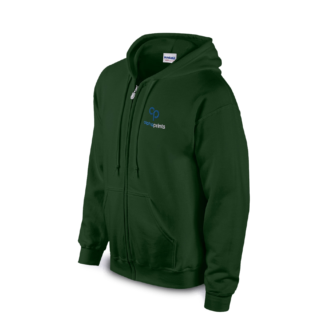 Gildan G186 Adult Heavy Blend full-zip hooded sweatshirt in forest green with AlphaPrints logo on left chest