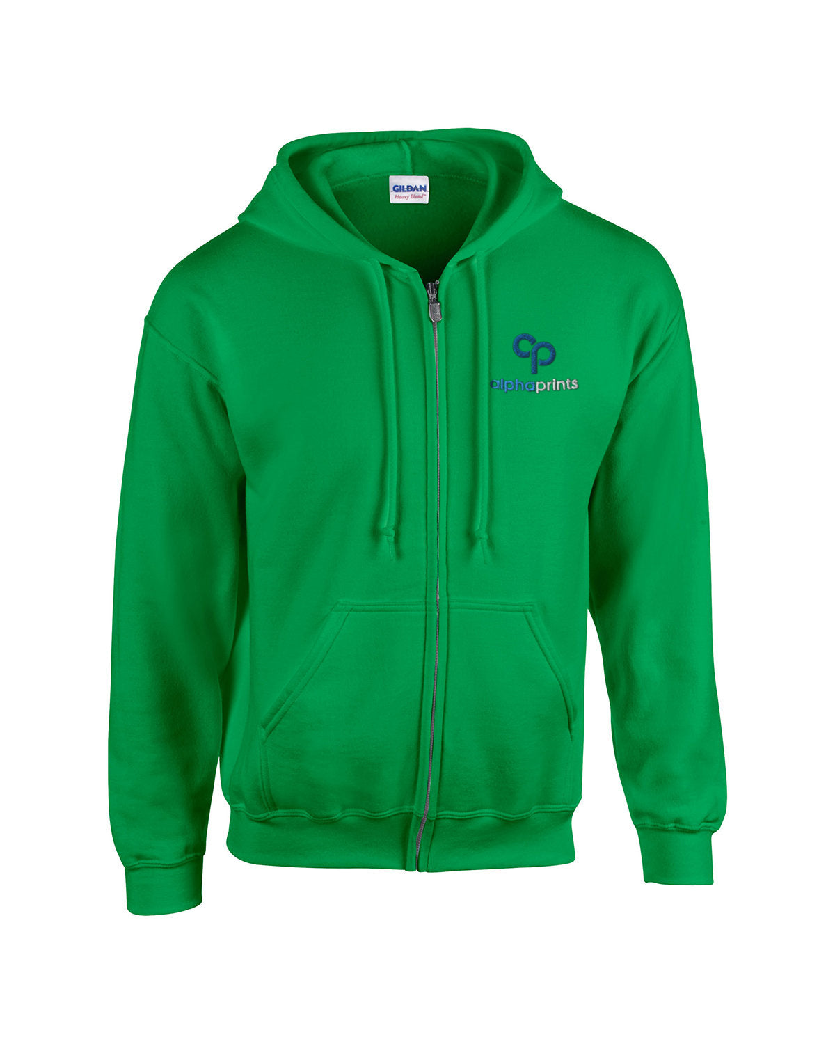 Gildan G186 Adult Heavy Blend full-zip hooded sweatshirt in Irish Green with custom logo on left chest