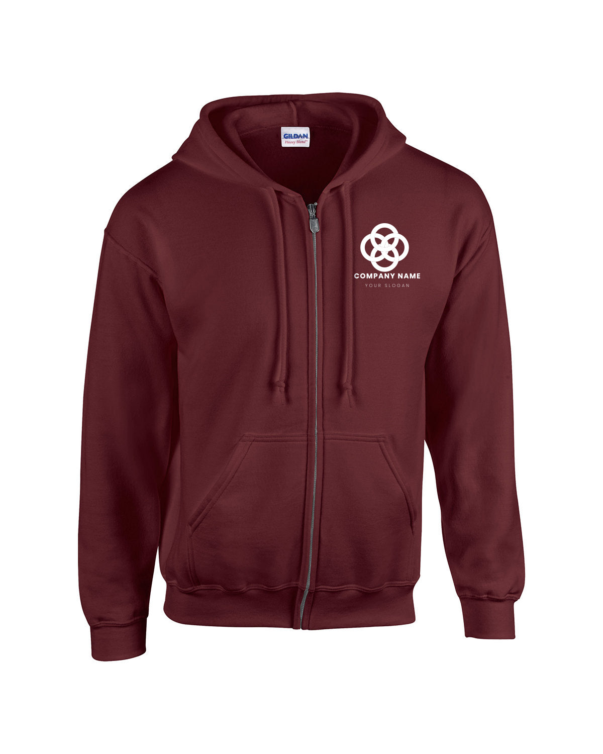 Maroon Gildan full-zip hooded sweatshirt featuring front pockets and a white customized company logo on the left chest