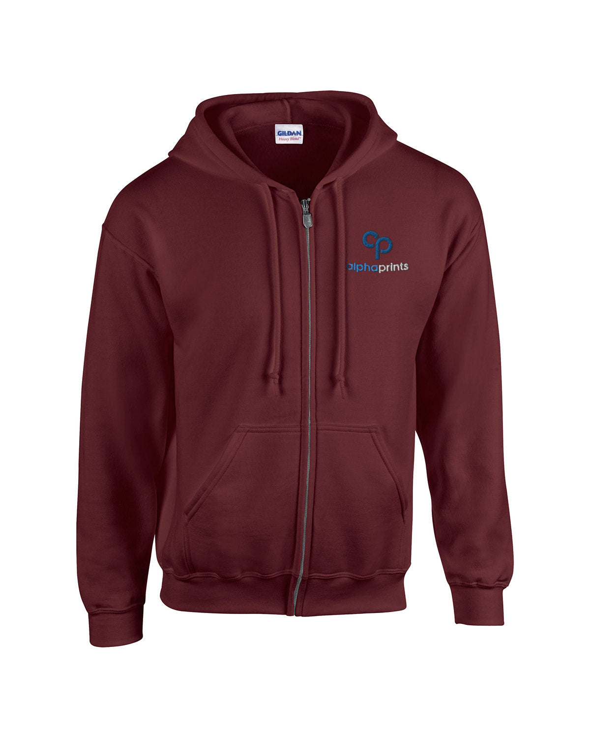 Gildan G186 Adult Heavy Blend full-zip hooded sweatshirt in Maroon with custom logo on left chest