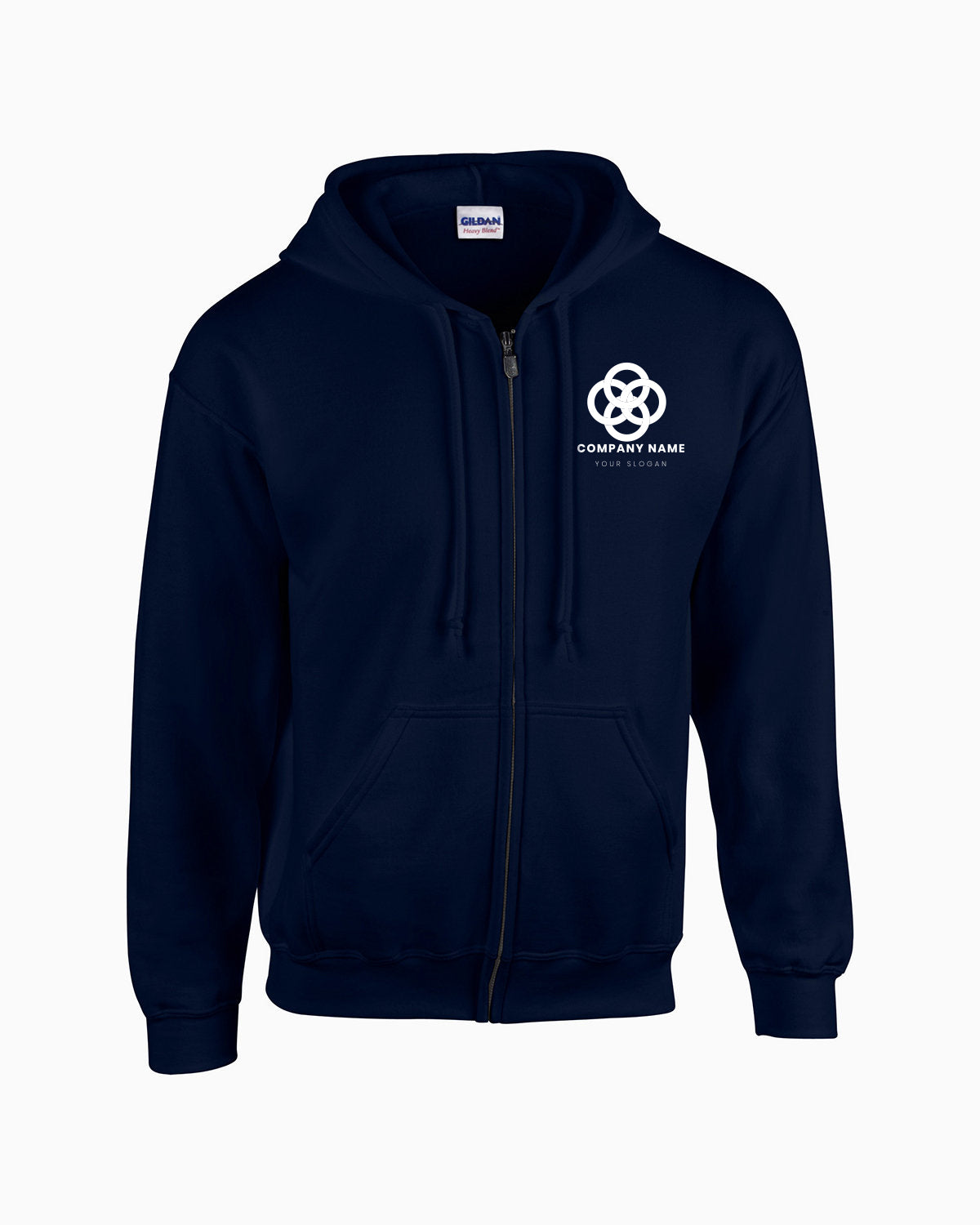Navy blue Gildan full-zip hooded sweatshirt featuring front pockets and a white customized company logo on the left chest