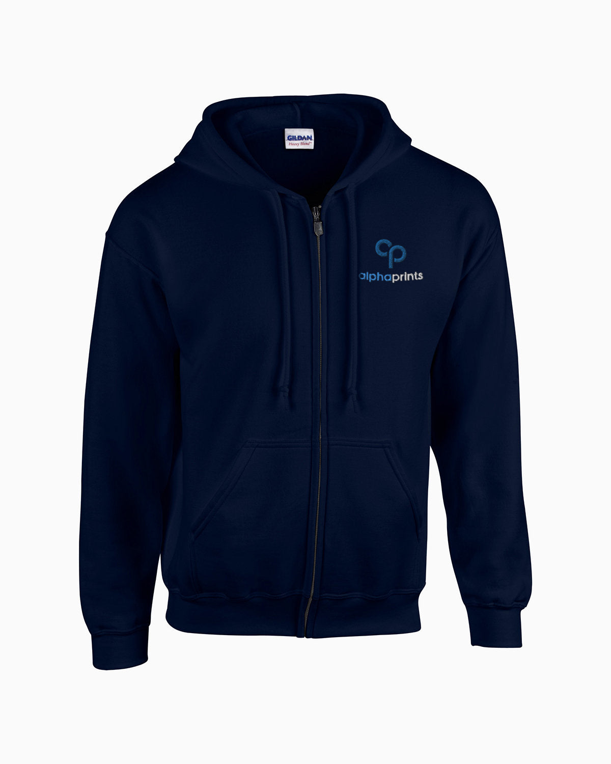 Gildan G186 Adult Heavy Blend full-zip hooded sweatshirt in navy with custom logo on left chest