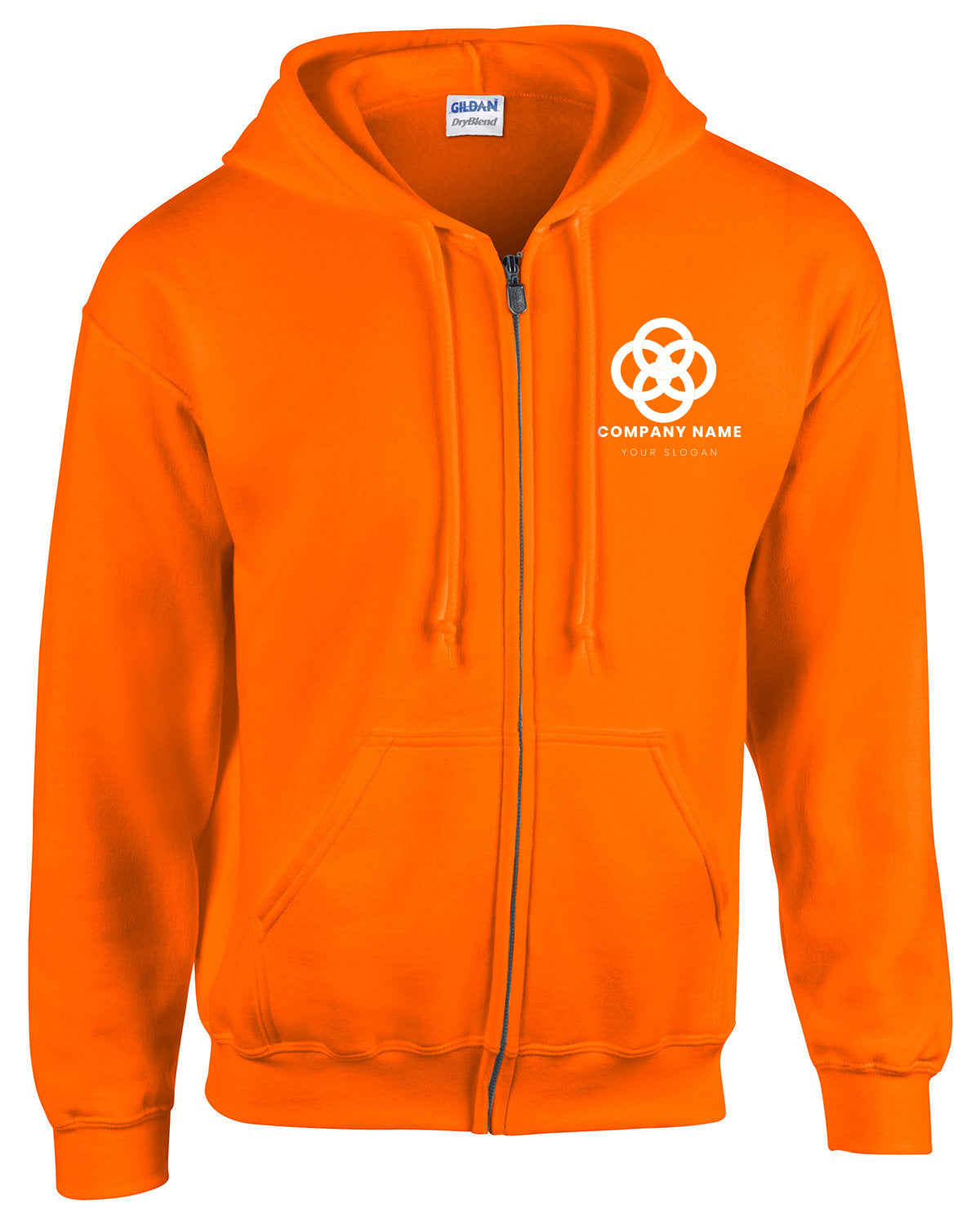 Orange Gildan full-zip hooded sweatshirt with front pockets and a white customized company logo on the left chest