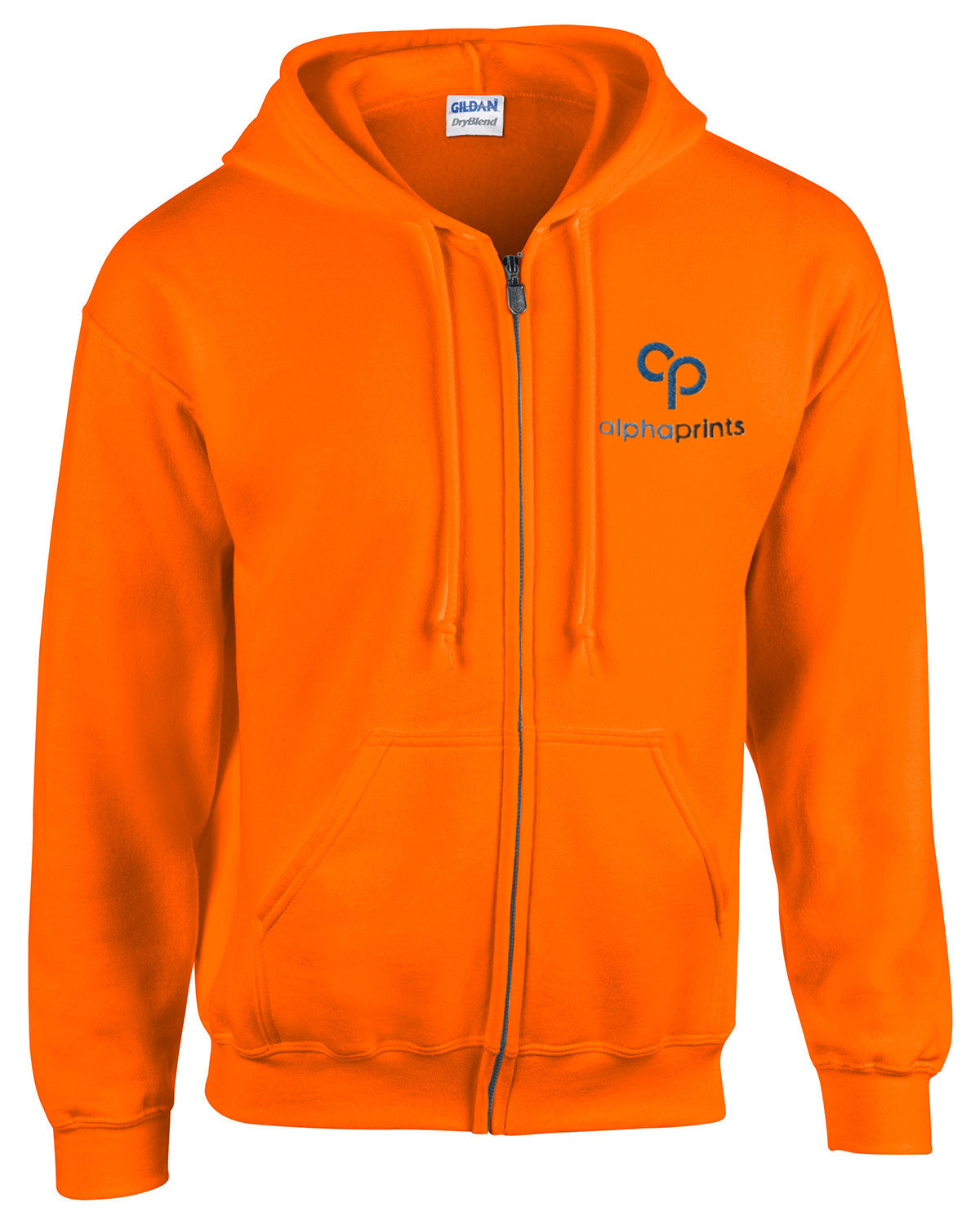 Gildan G186 Adult Heavy Blend full-zip hooded sweatshirt in orange with custom logo on left chest