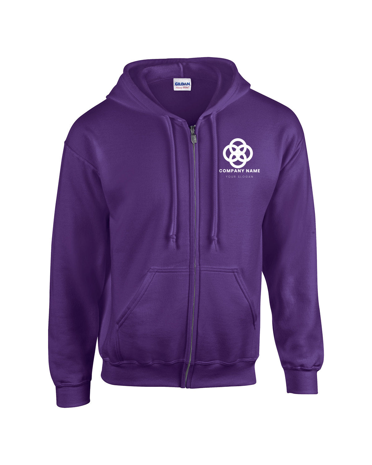 Purple Gildan full-zip hooded sweatshirt with front pockets and a white customized company logo on the left chest
