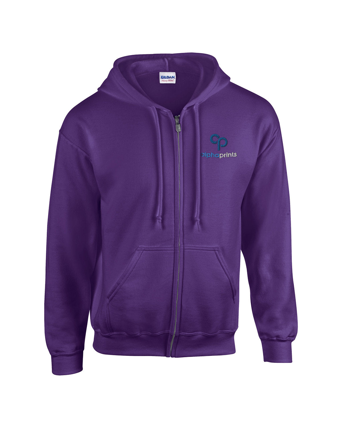 Gildan G186 Adult Heavy Blend full-zip hooded sweatshirt in purple with custom logo on left chest